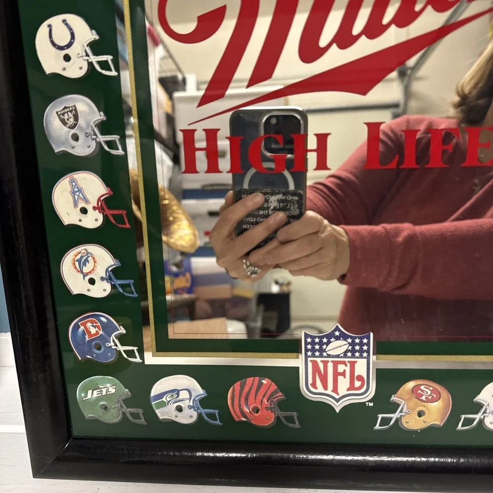 VINTAGE 1980'S MILLER HIGH LIFE 28 NFL TEAM HELMETS MIRROR SIGN 14.5